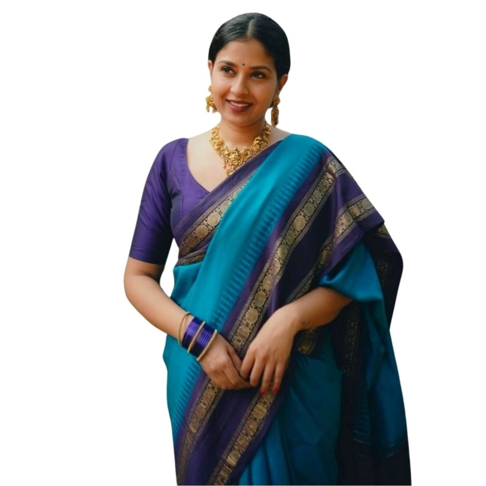 Snuggle Spot Women's Silk Printed Saree With Unstitched Blouse 5.5Mtr (Blue)