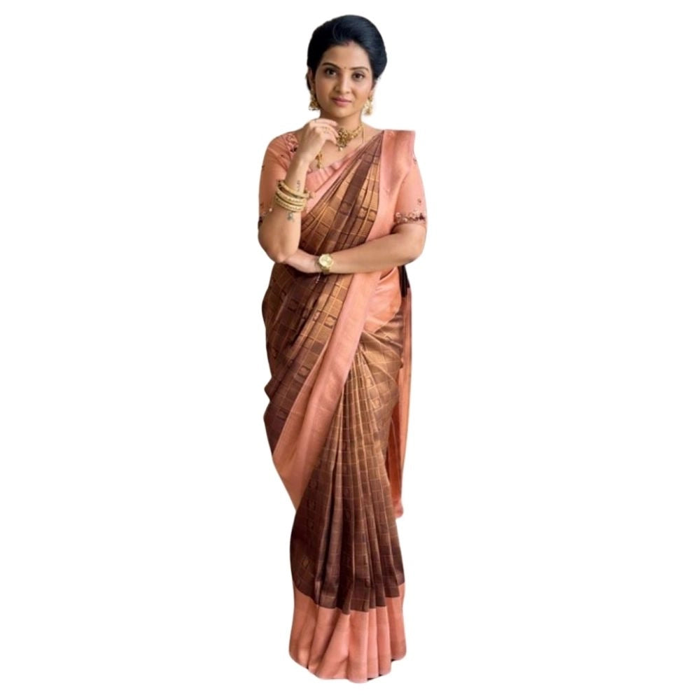 Snuggle Spot Women's Silk Printed Saree With Unstitched Blouse 5.5Mtr (Brown)