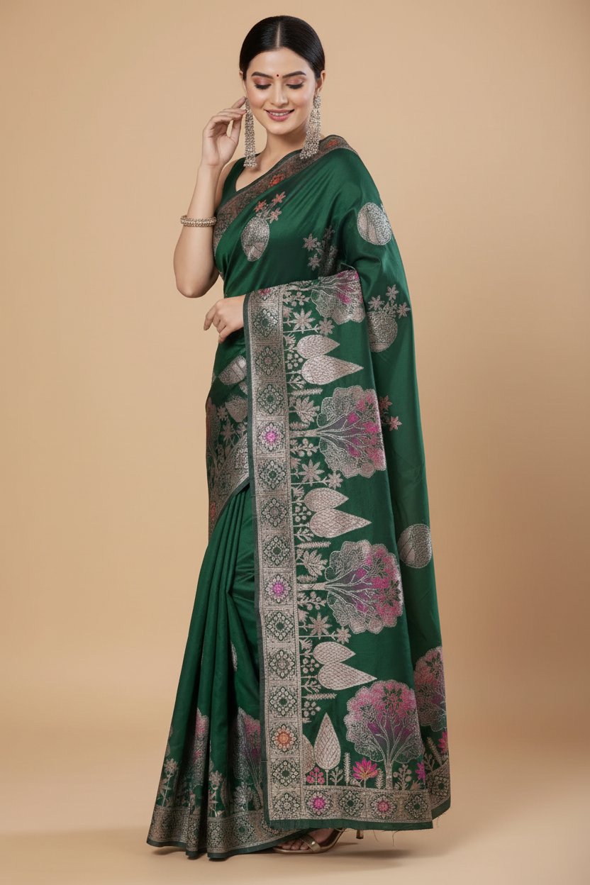 Snuggle Spot Women's Silk Printed Saree With Unstitched Blouse 5.5Mtr (Green)