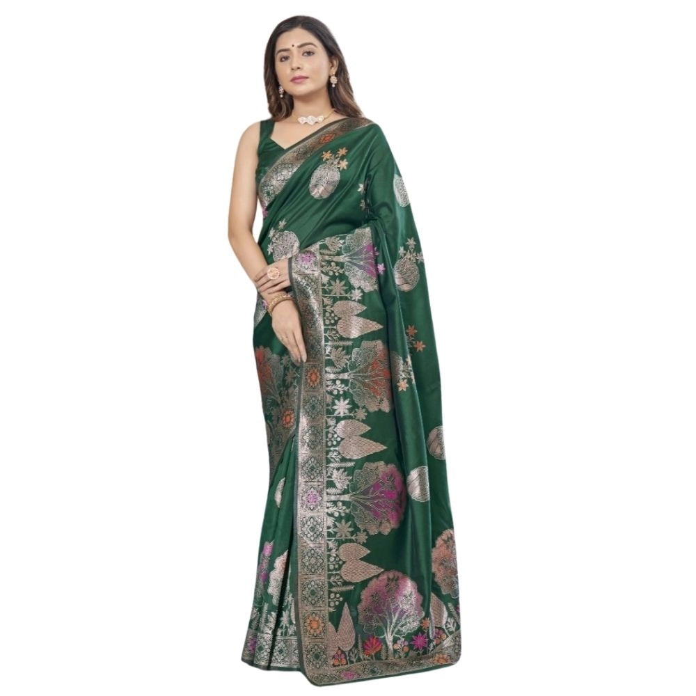 Snuggle Spot Women's Silk Printed Saree With Unstitched Blouse 5.5Mtr (Green)