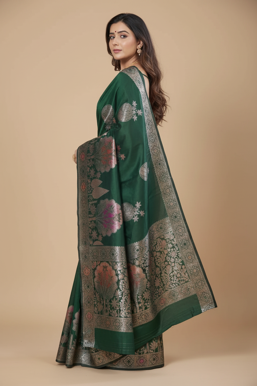 Snuggle Spot Women's Silk Printed Saree With Unstitched Blouse 5.5Mtr (Green)