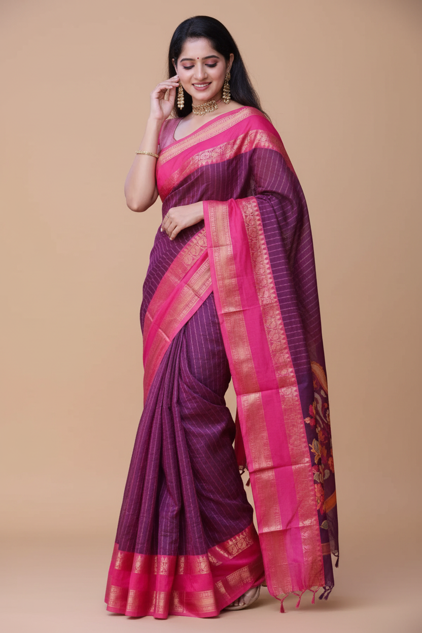 Snuggle Spot Women's Silk Printed Saree With Unstitched Blouse 5.5Mtr (Purple)