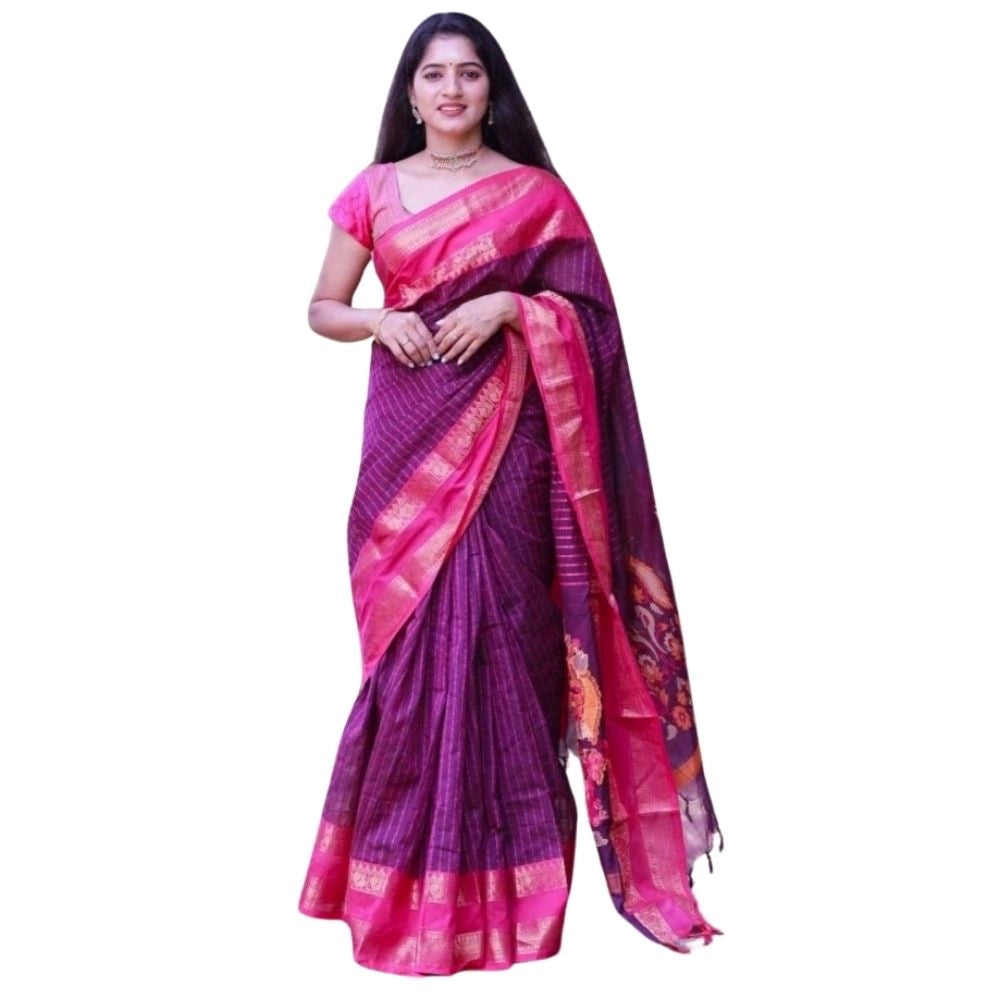 Snuggle Spot Women's Silk Printed Saree With Unstitched Blouse 5.5Mtr (Purple)