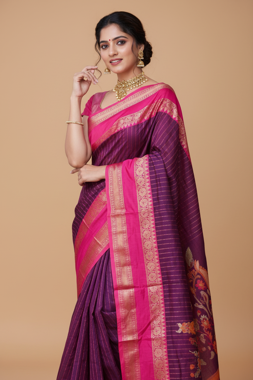 Snuggle Spot Women's Silk Printed Saree With Unstitched Blouse 5.5Mtr (Purple)