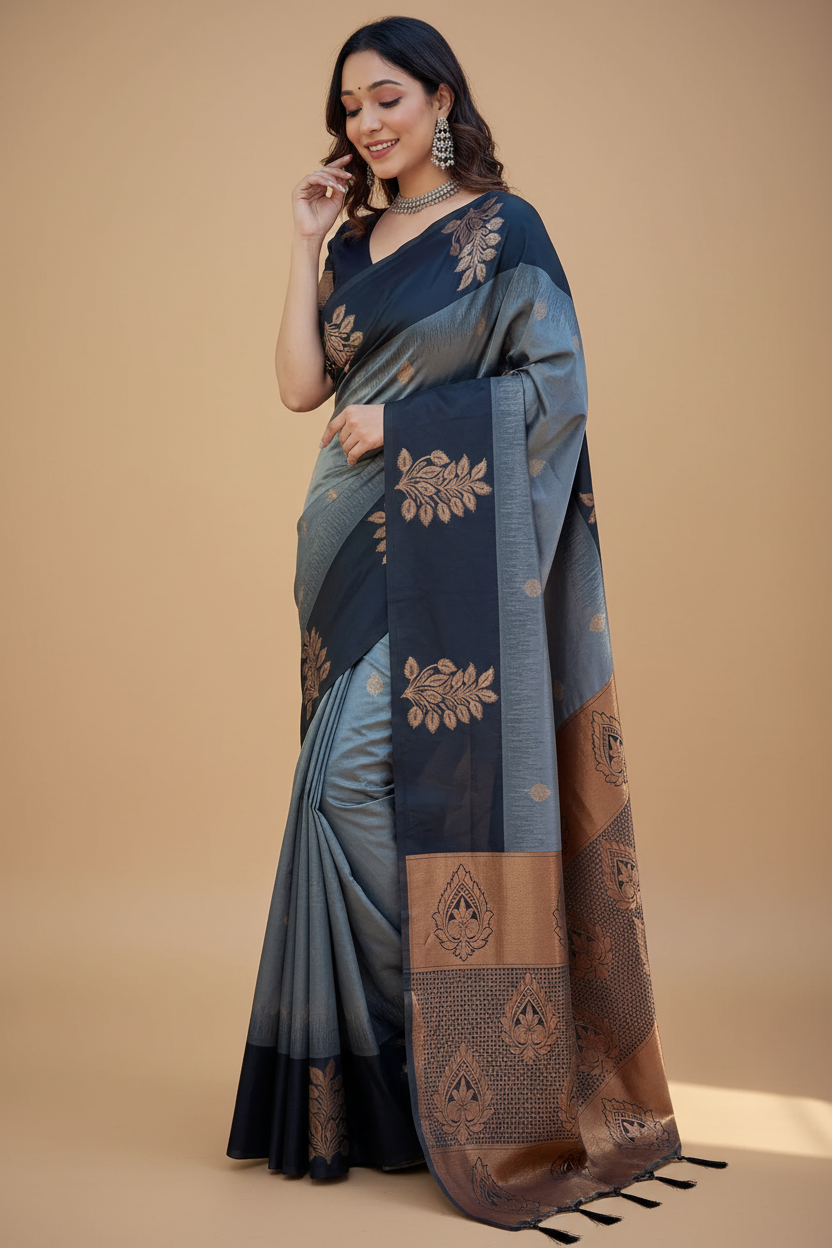 Snuggle Spot Women's Silk Printed Saree With Unstitched Blouse 5.5Mtr (Grey)