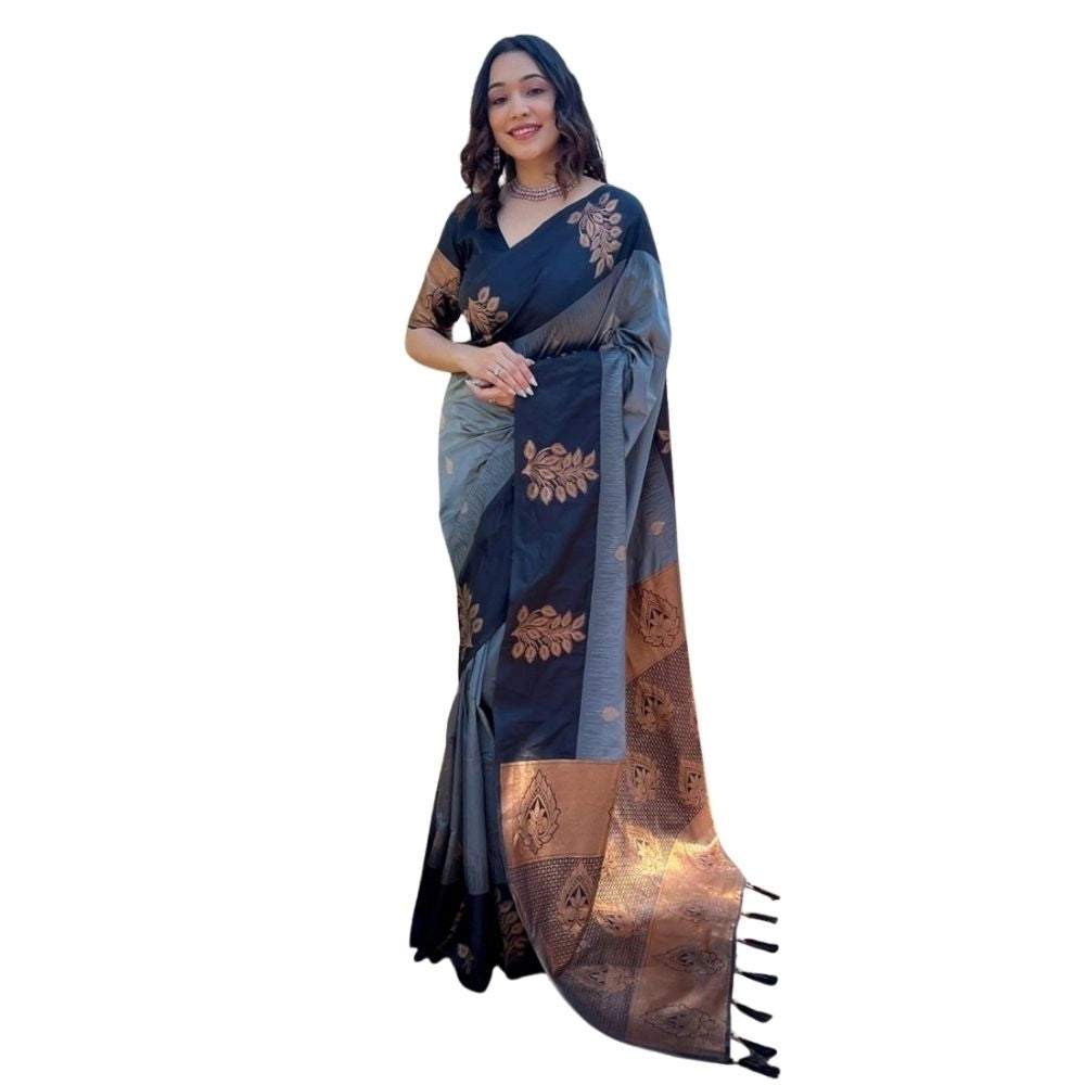 Snuggle Spot Women's Silk Printed Saree With Unstitched Blouse 5.5Mtr (Grey)