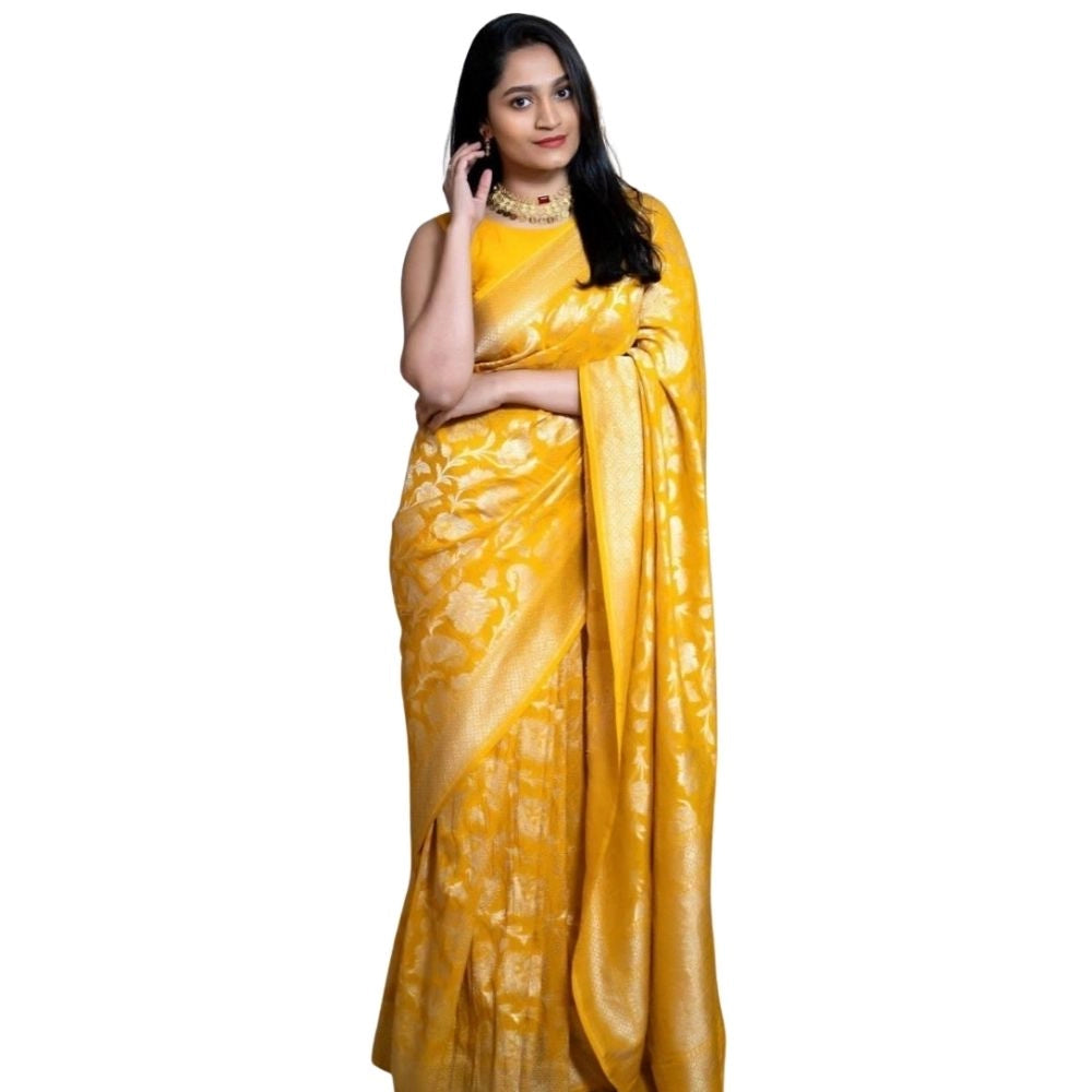Snuggle Spot Women's Silk Printed Saree With Unstitched Blouse 5.5Mtr (Yellow)