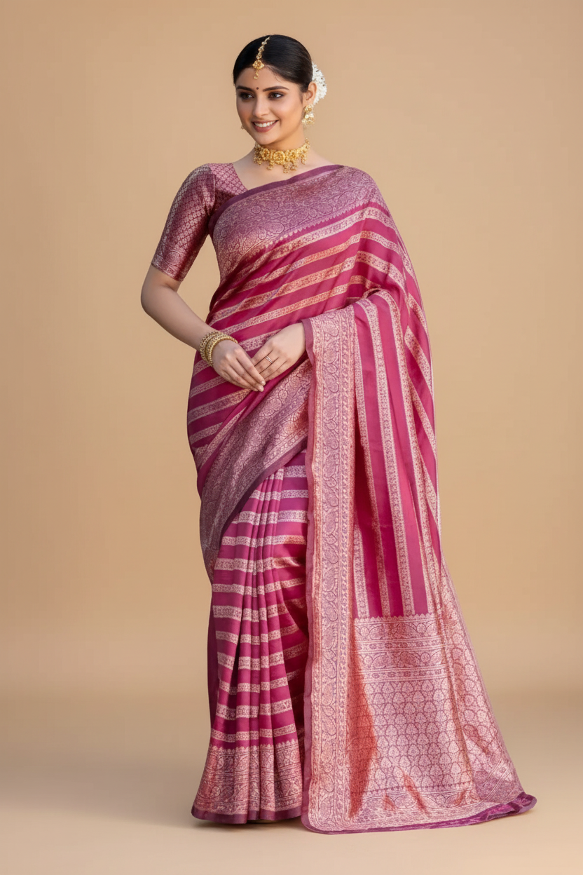 Snuggle Spot Women's Silk Printed Saree With Unstitched Blouse 5.5Mtr (Pink)