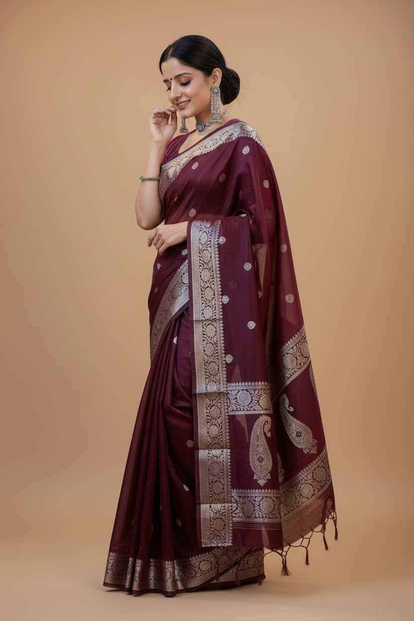 Snuggle Spot Women's Cotton  Printed Saree With Unstitched Blouse 5.5Mtr (Maroon)