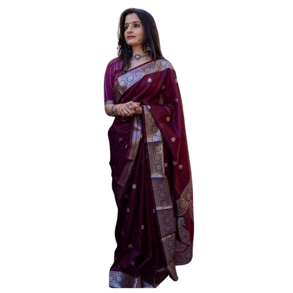 Snuggle Spot Women's Cotton  Printed Saree With Unstitched Blouse 5.5Mtr (Maroon)