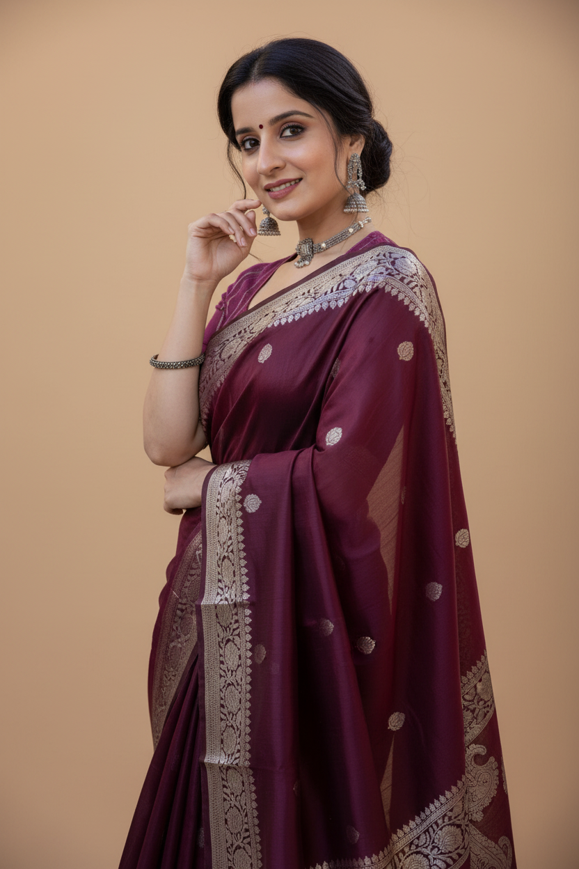Snuggle Spot Women's Cotton  Printed Saree With Unstitched Blouse 5.5Mtr (Maroon)