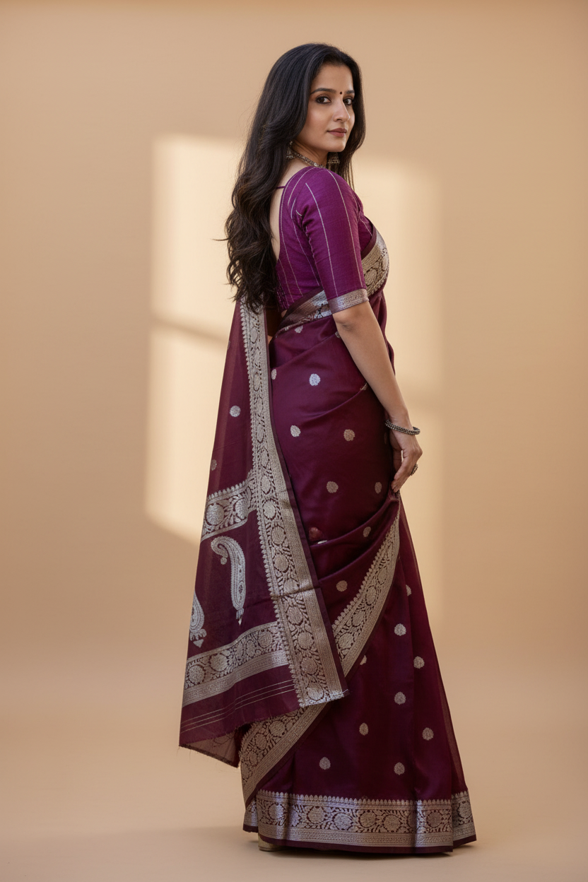 Snuggle Spot Women's Cotton  Printed Saree With Unstitched Blouse 5.5Mtr (Maroon)