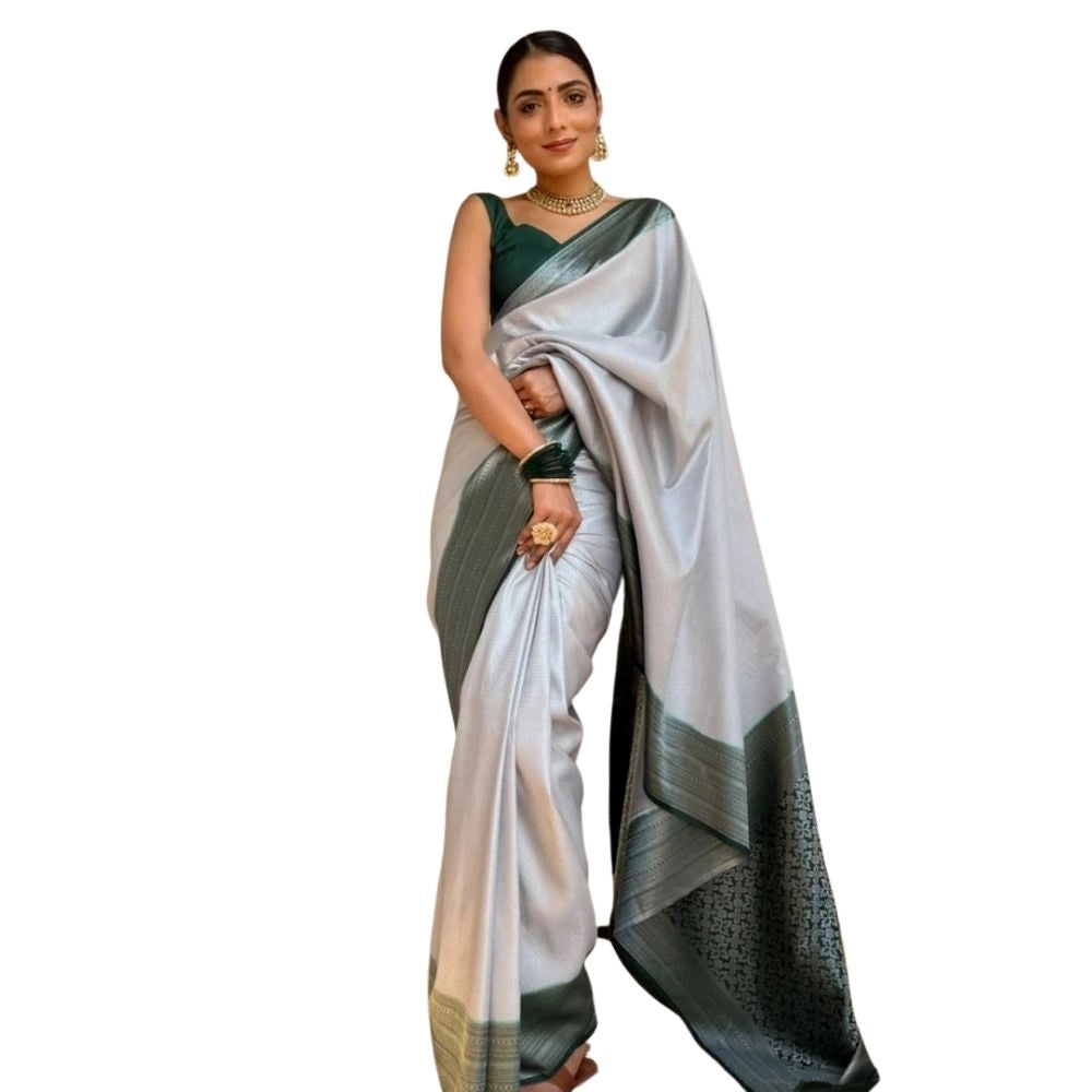 Snuggle Spot Women's Silk Printed Saree With Unstitched Blouse 5.5Mtr (Grey)