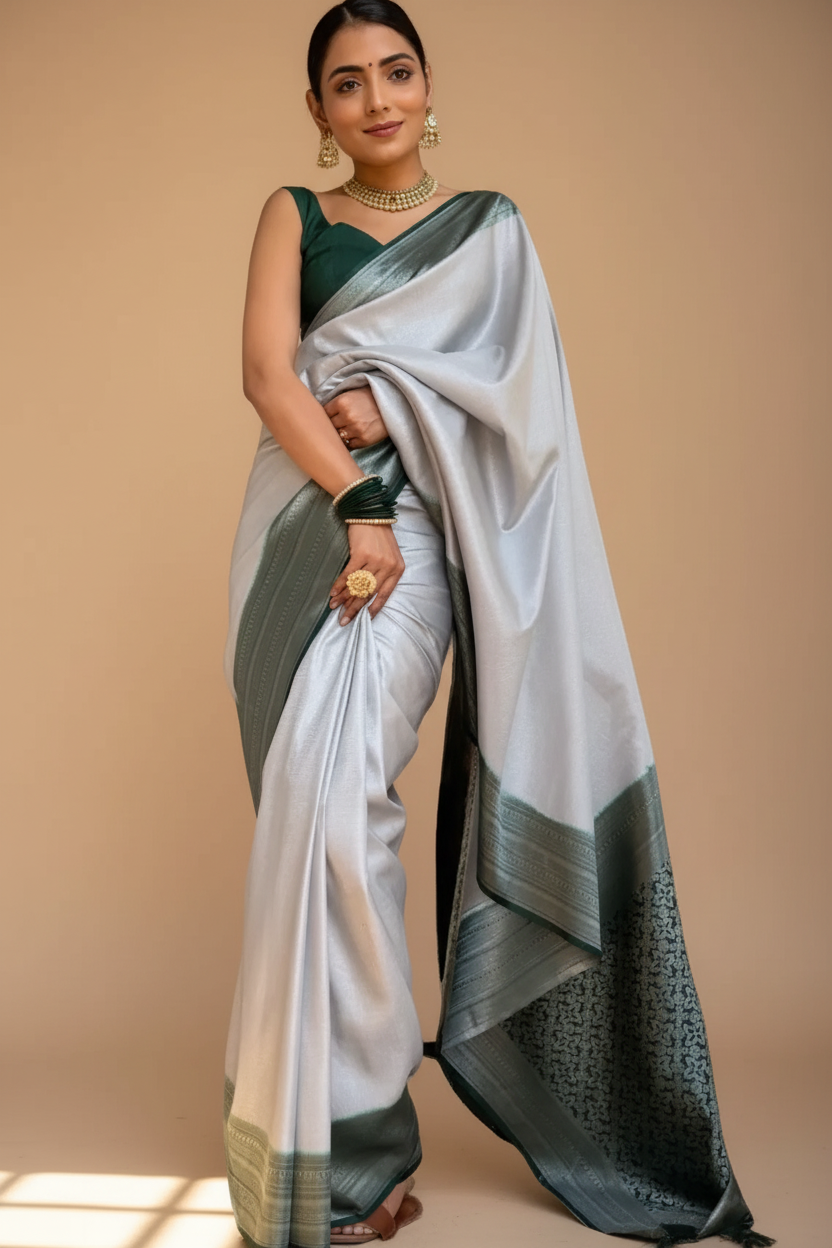 Snuggle Spot Women's Silk Printed Saree With Unstitched Blouse 5.5Mtr (Grey)