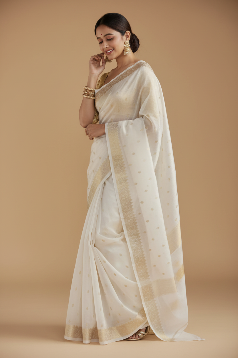 Snuggle Spot Women's Cotton  Printed Saree With Unstitched Blouse 5.5Mtr (White)