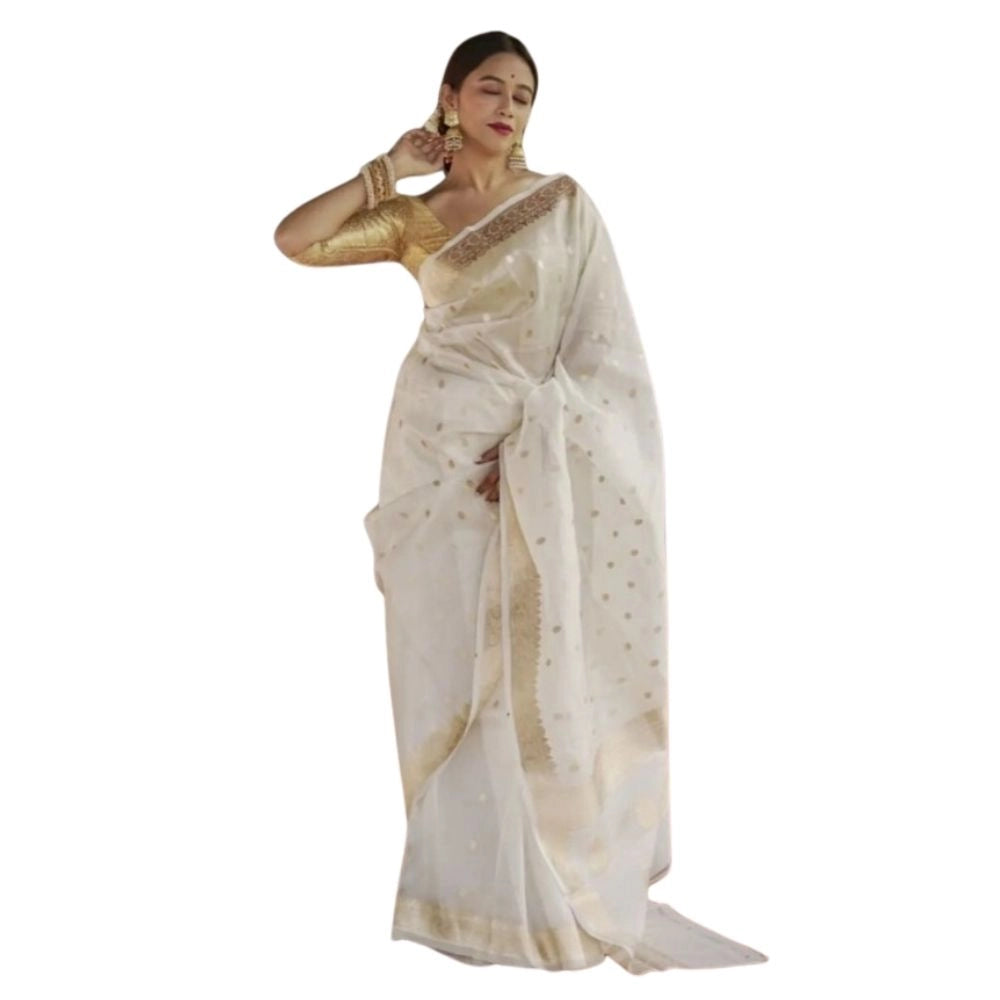Snuggle Spot Women's Cotton  Printed Saree With Unstitched Blouse 5.5Mtr (White)