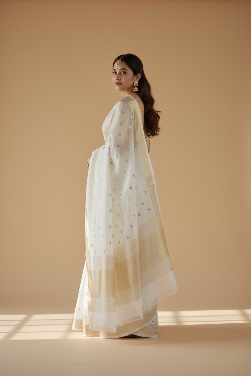 Snuggle Spot Women's Cotton  Printed Saree With Unstitched Blouse 5.5Mtr (White)