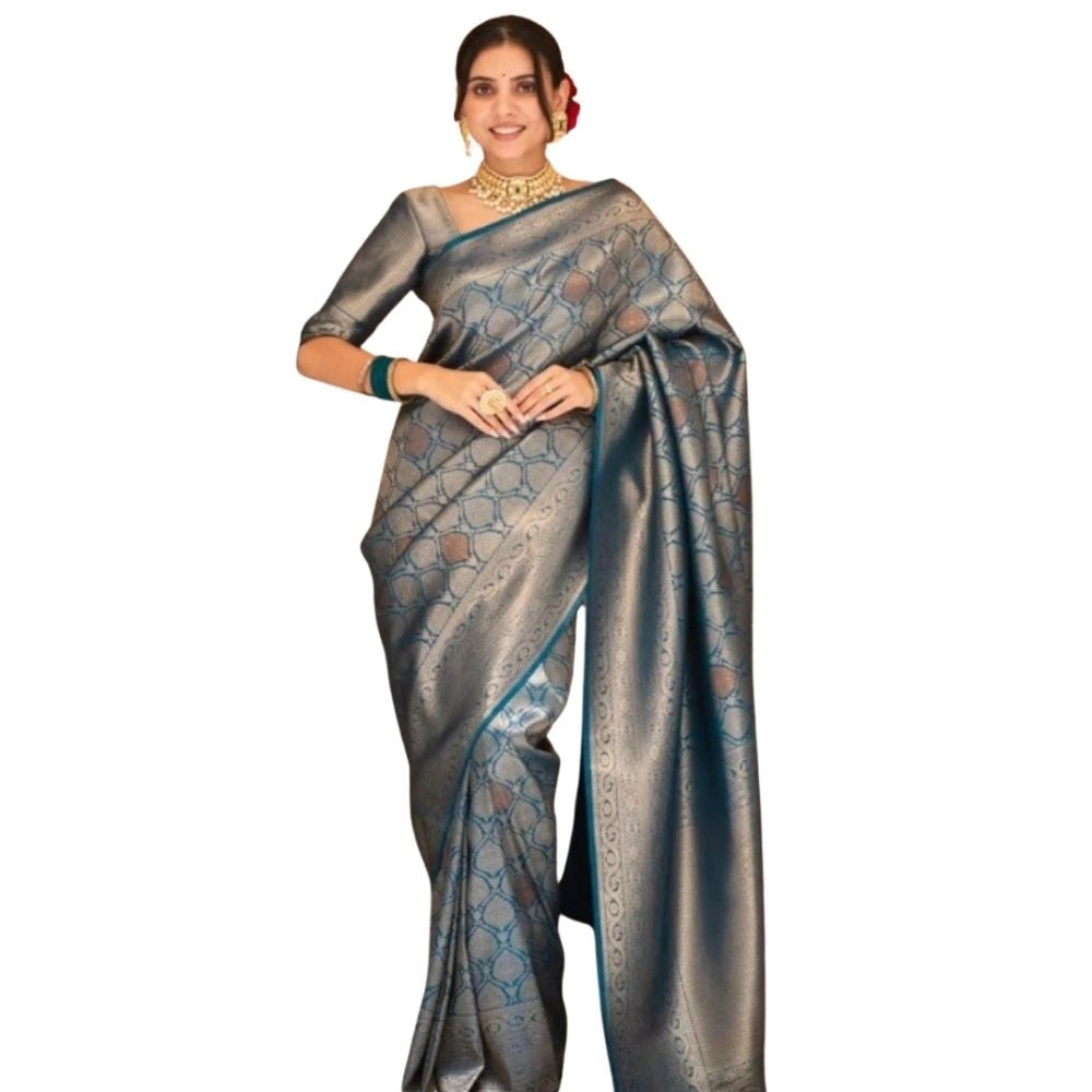 Snuggle Spot Women's Silk Printed Saree With Unstitched Blouse 5.5Mtr (Rama)