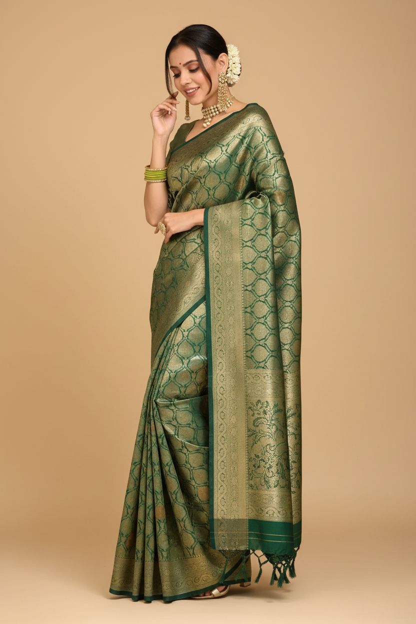 Snuggle Spot Women's Silk Printed Saree With Unstitched Blouse 5.5Mtr (Green)
