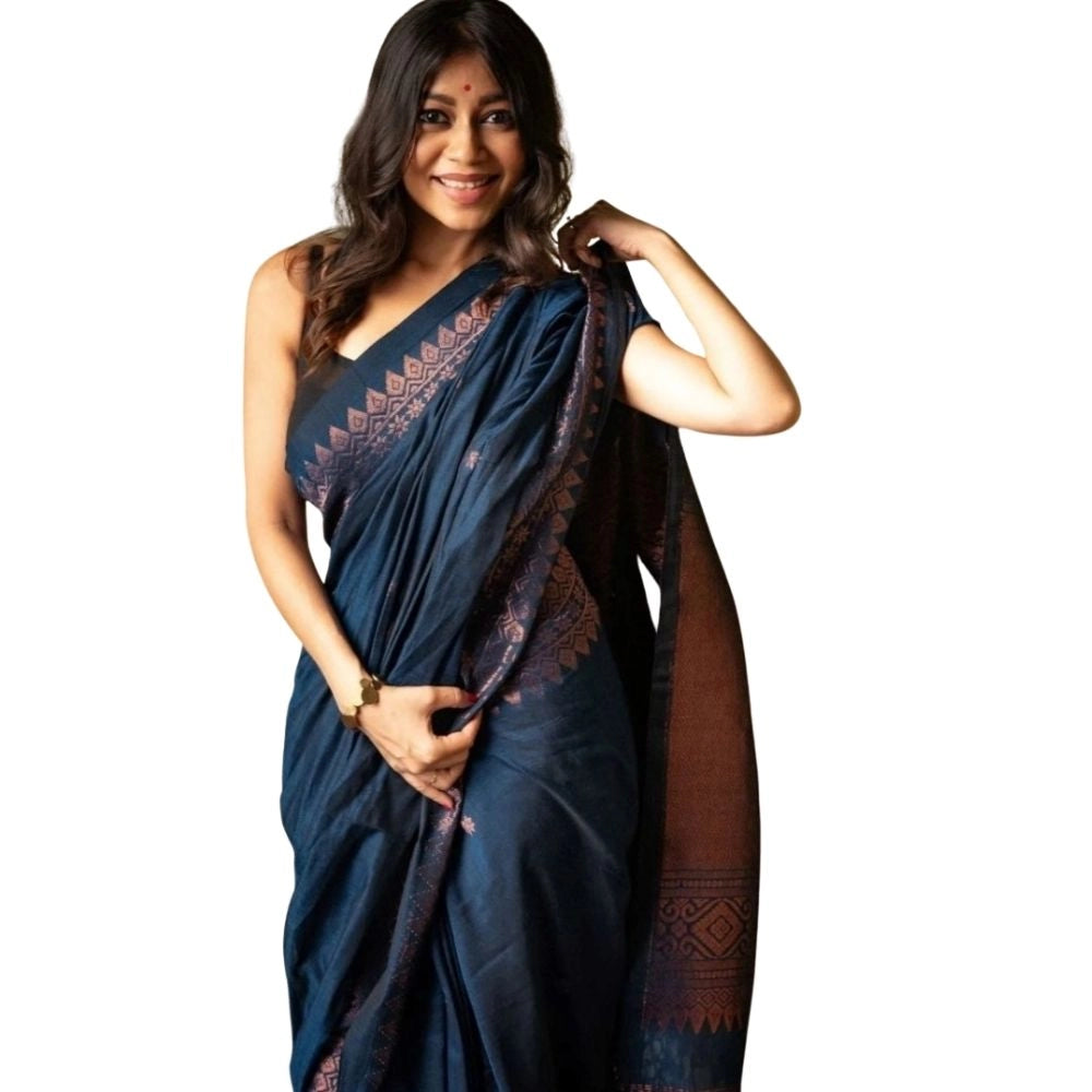 Snuggle Spot Women's Silk Printed Saree With Unstitched Blouse 5.5Mtr (Navy Blue)