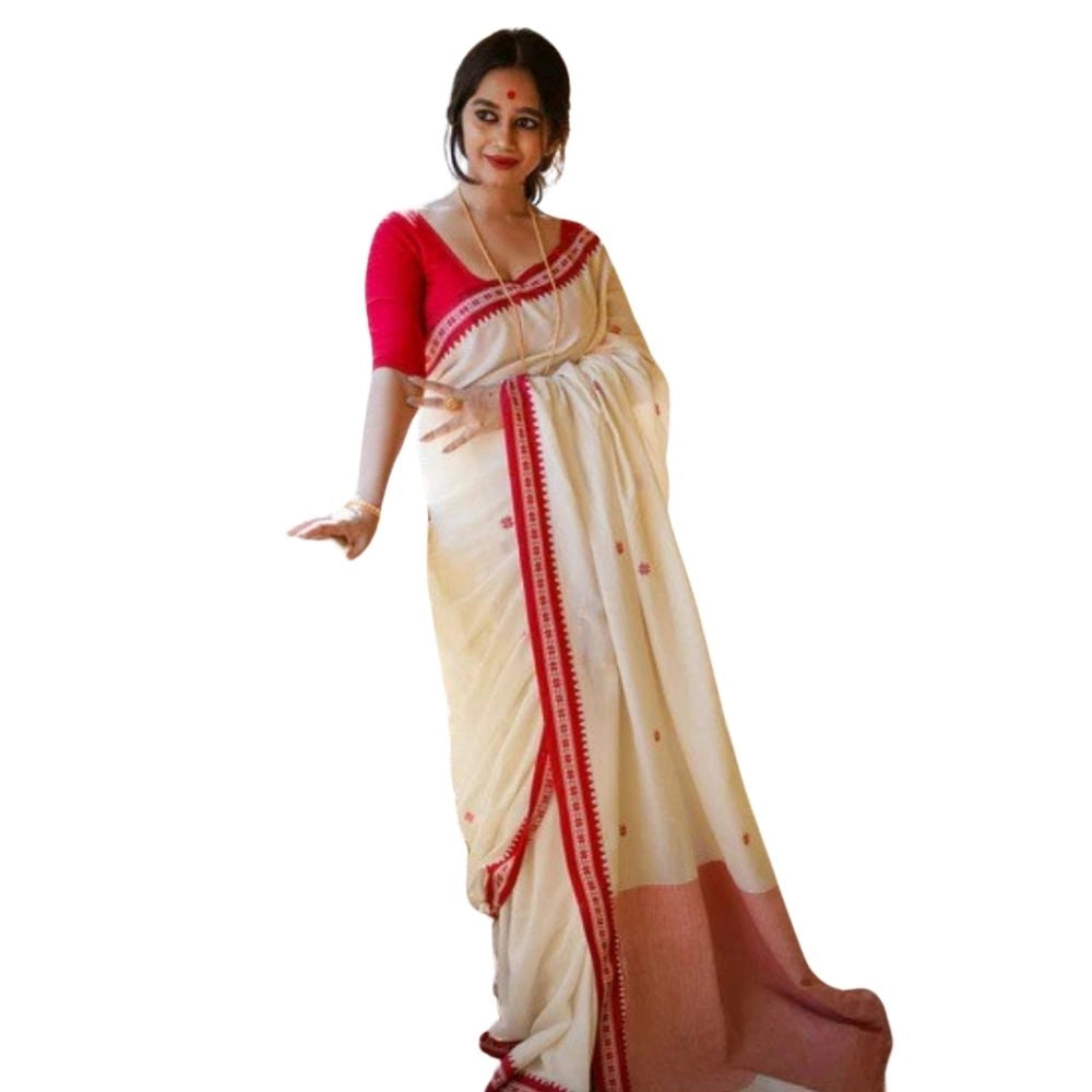 Snuggle Spot Women's Cotton  Printed Saree With Unstitched Blouse 5.5Mtr (White)