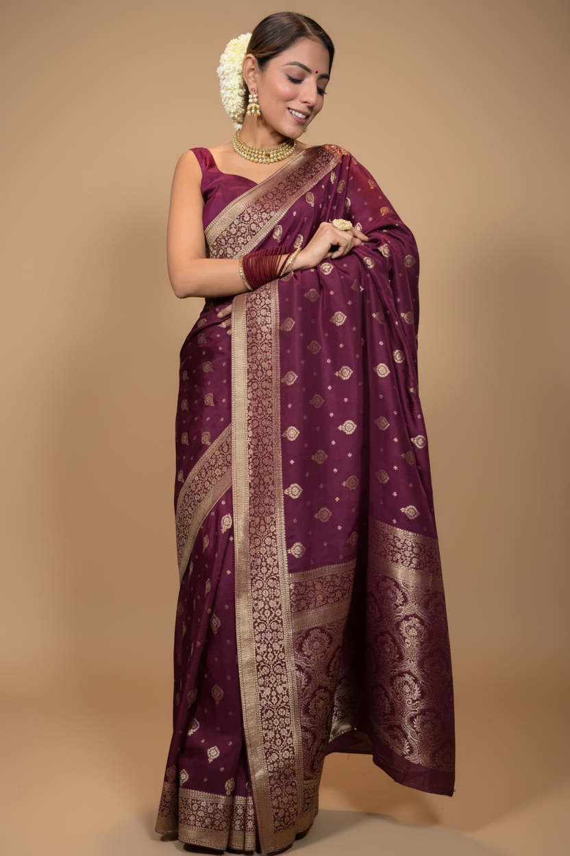 Snuggle Spot Women's Silk Printed Saree With Unstitched Blouse 5.5Mtr (Wine)