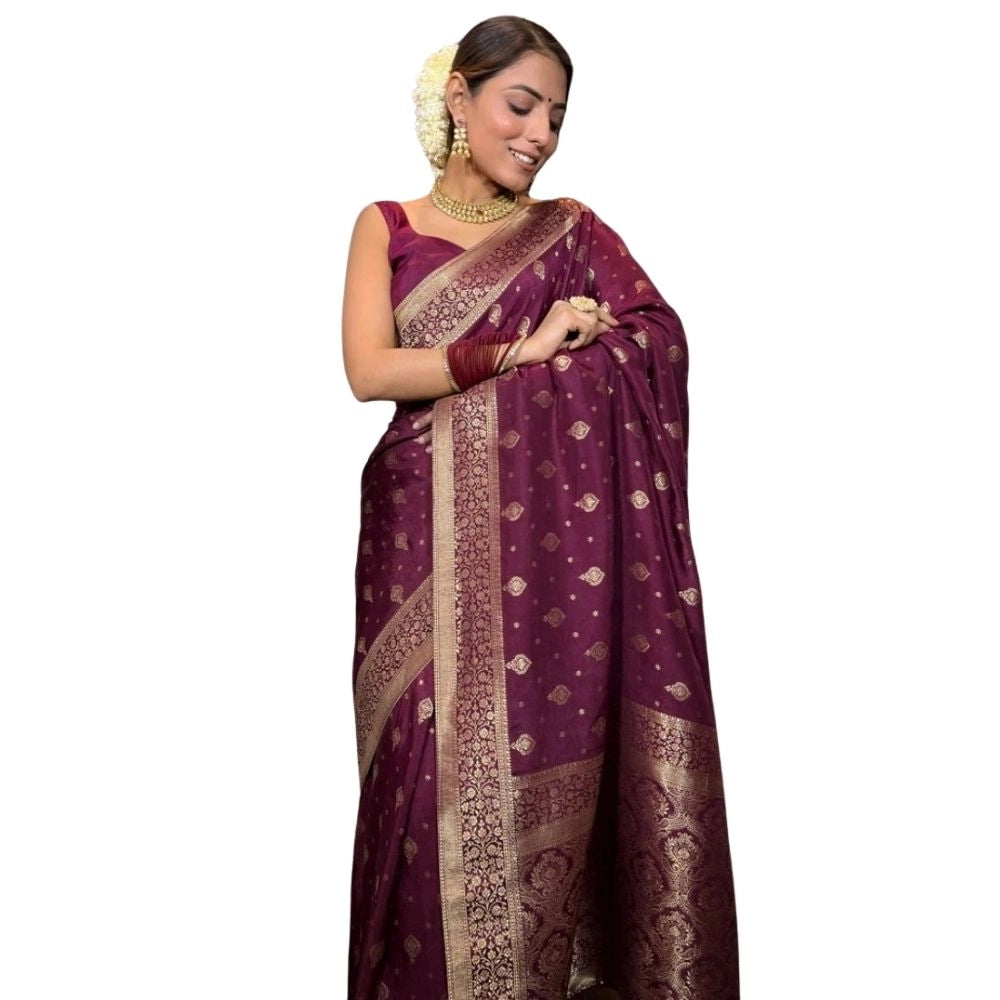 Snuggle Spot Women's Silk Printed Saree With Unstitched Blouse 5.5Mtr (Wine)