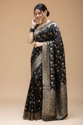 Snuggle Spot Women's Silk Printed Saree With Unstitched Blouse 5.5Mtr (Black)