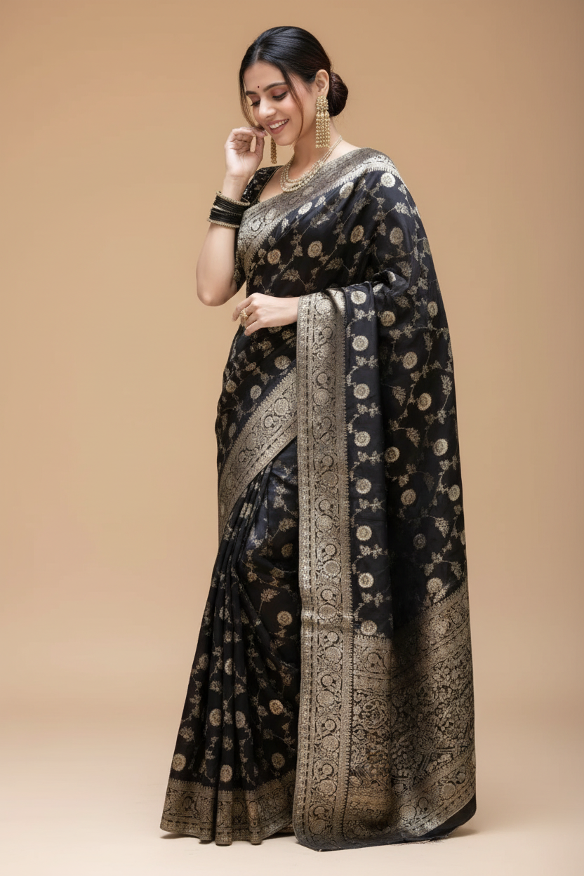 Snuggle Spot Women's Silk Printed Saree With Unstitched Blouse 5.5Mtr (Black)