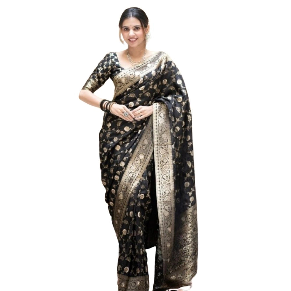 Snuggle Spot Women's Silk Printed Saree With Unstitched Blouse 5.5Mtr (Black)