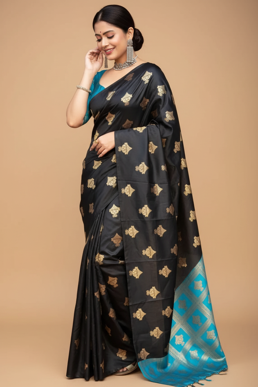 Snuggle Spot Women's Silk Printed Saree With Unstitched Blouse 5.5Mtr (Sky Blue)