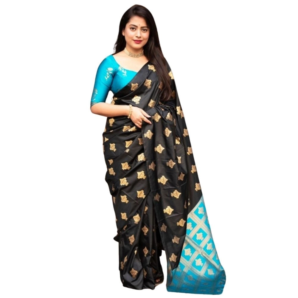 Snuggle Spot Women's Silk Printed Saree With Unstitched Blouse 5.5Mtr (Sky Blue)