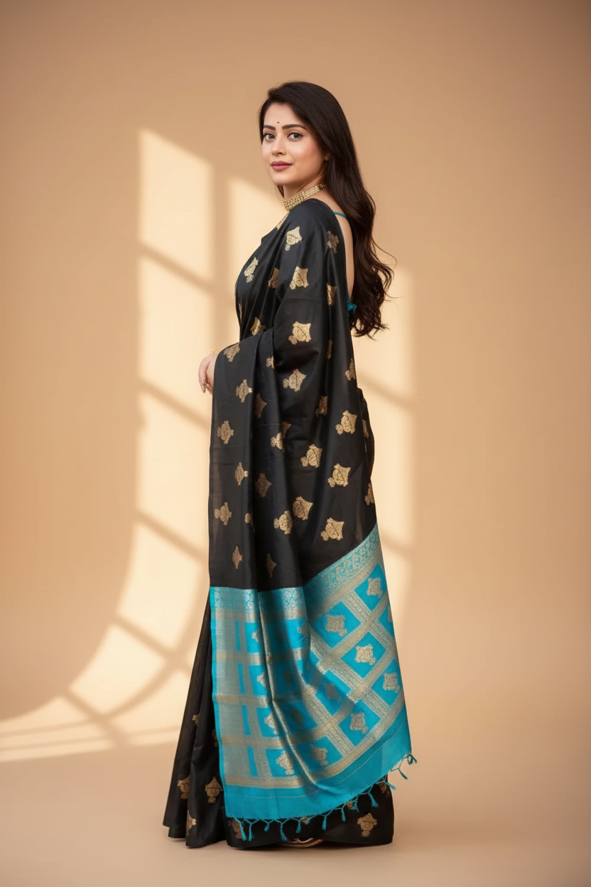 Snuggle Spot Women's Silk Printed Saree With Unstitched Blouse 5.5Mtr (Sky Blue)