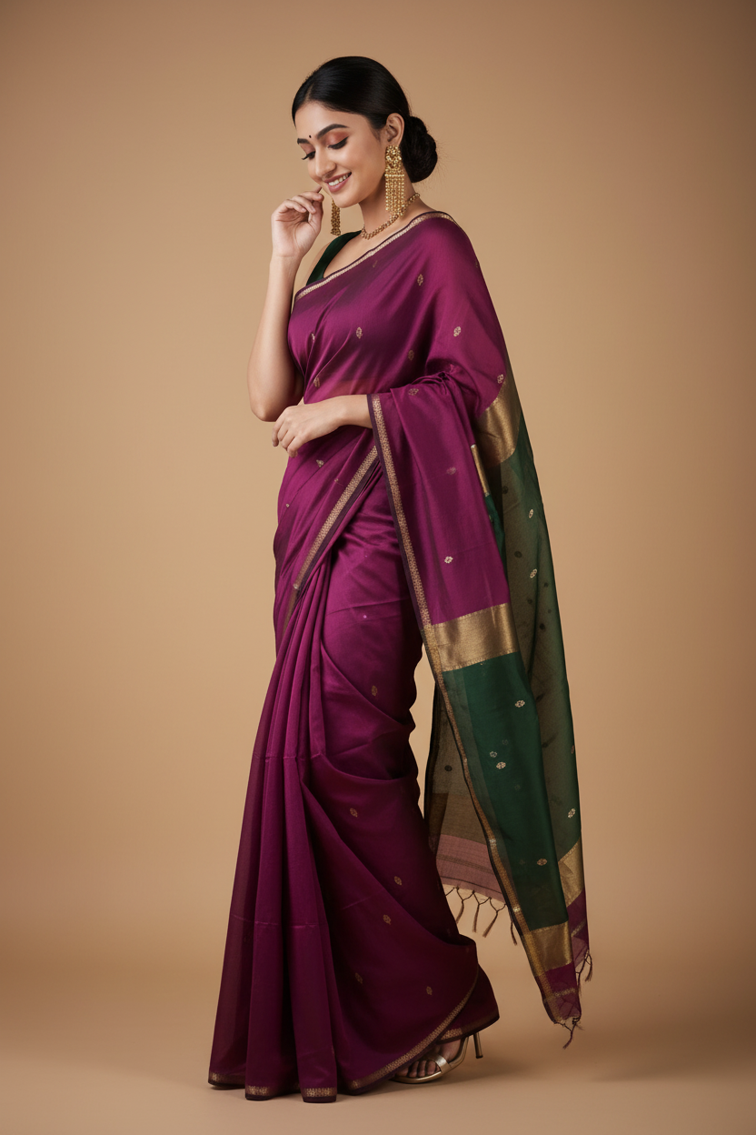 Snuggle Spot Women's Cotton  Printed Saree With Unstitched Blouse 5.5Mtr (Wine)
