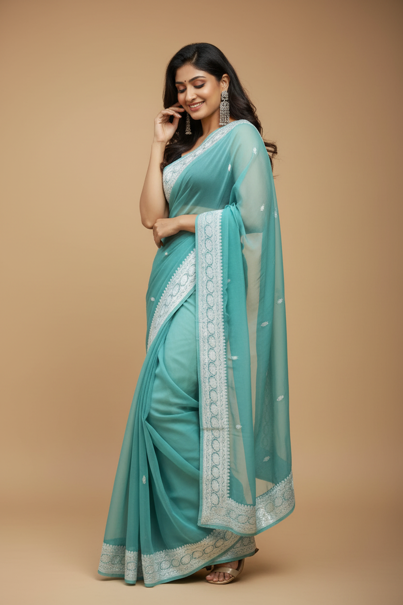 Snuggle Spot Women's Cotton  Printed Saree With Unstitched Blouse 5.5Mtr (Sky Blue)