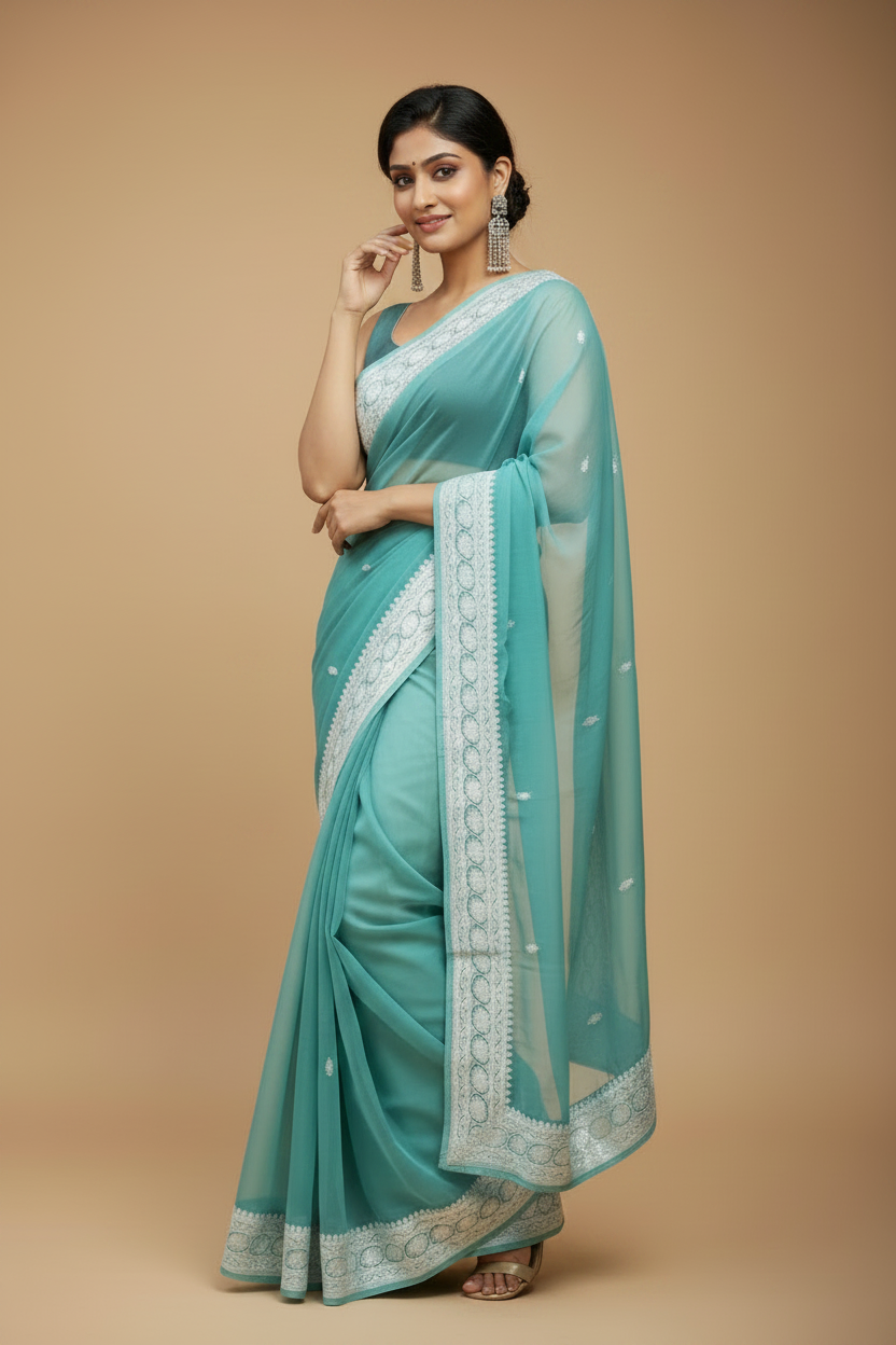 Snuggle Spot Women's Cotton  Printed Saree With Unstitched Blouse 5.5Mtr (Sky Blue)