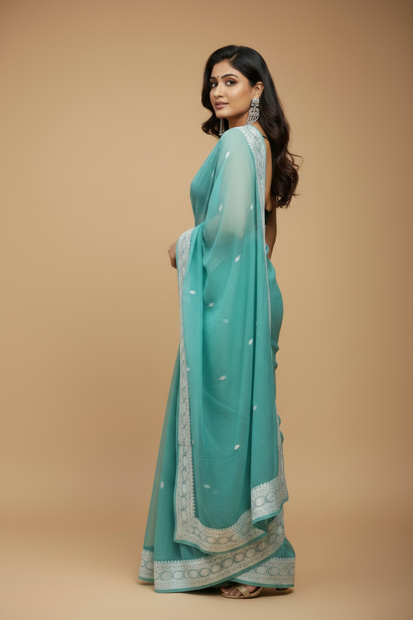 Snuggle Spot Women's Cotton  Printed Saree With Unstitched Blouse 5.5Mtr (Sky Blue)