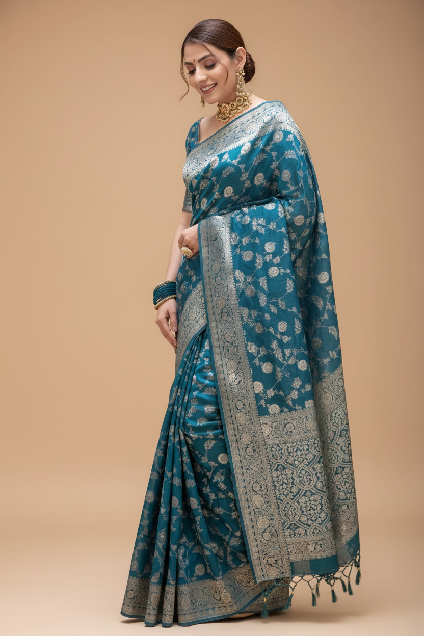 Snuggle Spot Women's Silk Printed Saree With Unstitched Blouse 5.5Mtr (Rama)