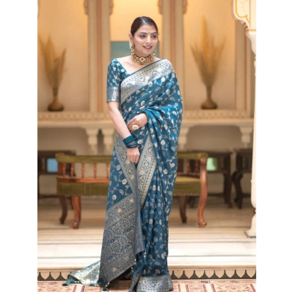 Snuggle Spot Women's Silk Printed Saree With Unstitched Blouse 5.5Mtr (Rama)