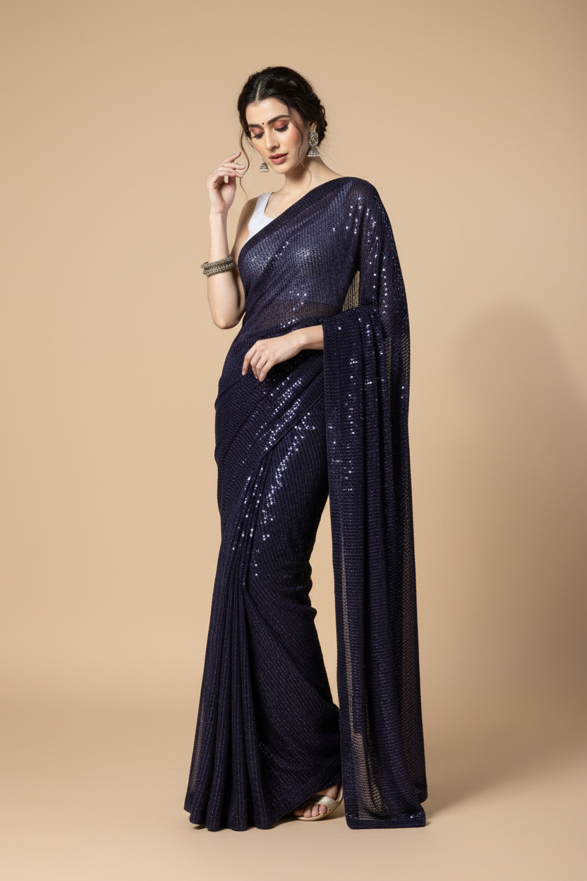 Snuggle Spot Women's Georgette Embellished Sequnece Bollywood Saree With Unstitched Blouse 5.5Mtr (Blue)