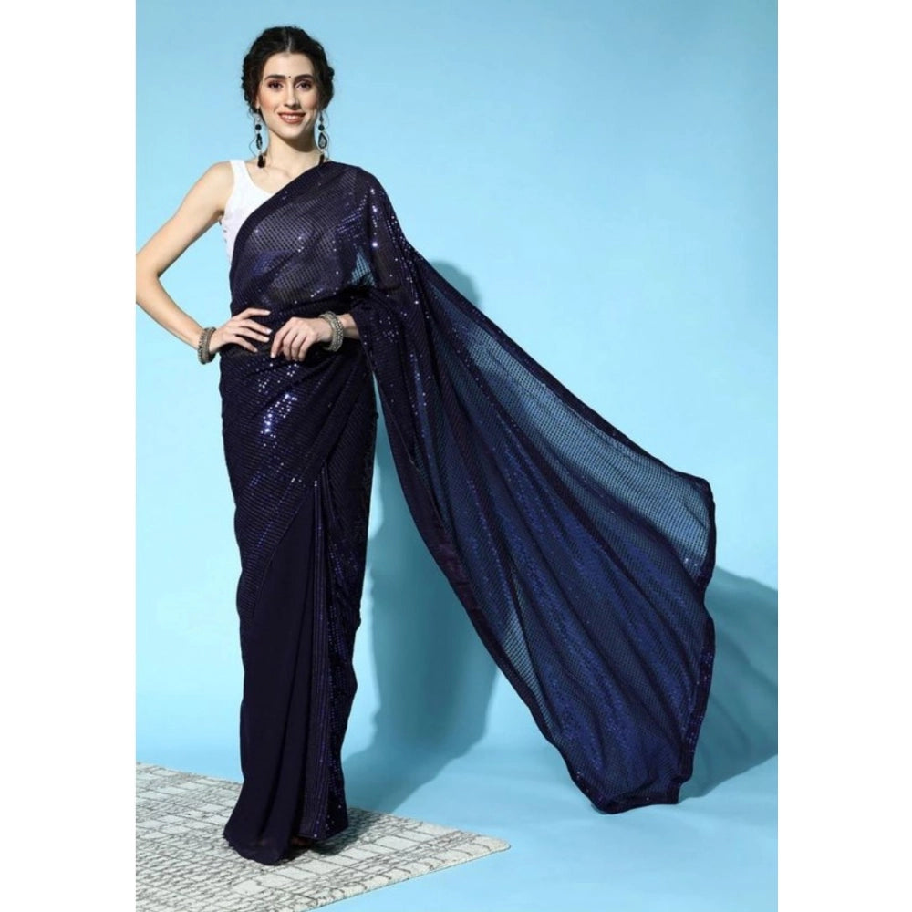 Snuggle Spot Women's Georgette Embellished Sequnece Bollywood Saree With Unstitched Blouse 5.5Mtr (Blue)