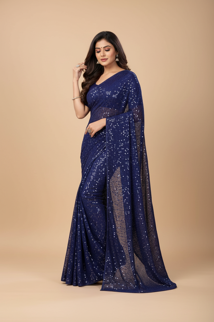 Snuggle Spot Women's Georgette Embellished Sequnece Bollywood Saree With Unstitched Blouse 5.5Mtr (Blue)