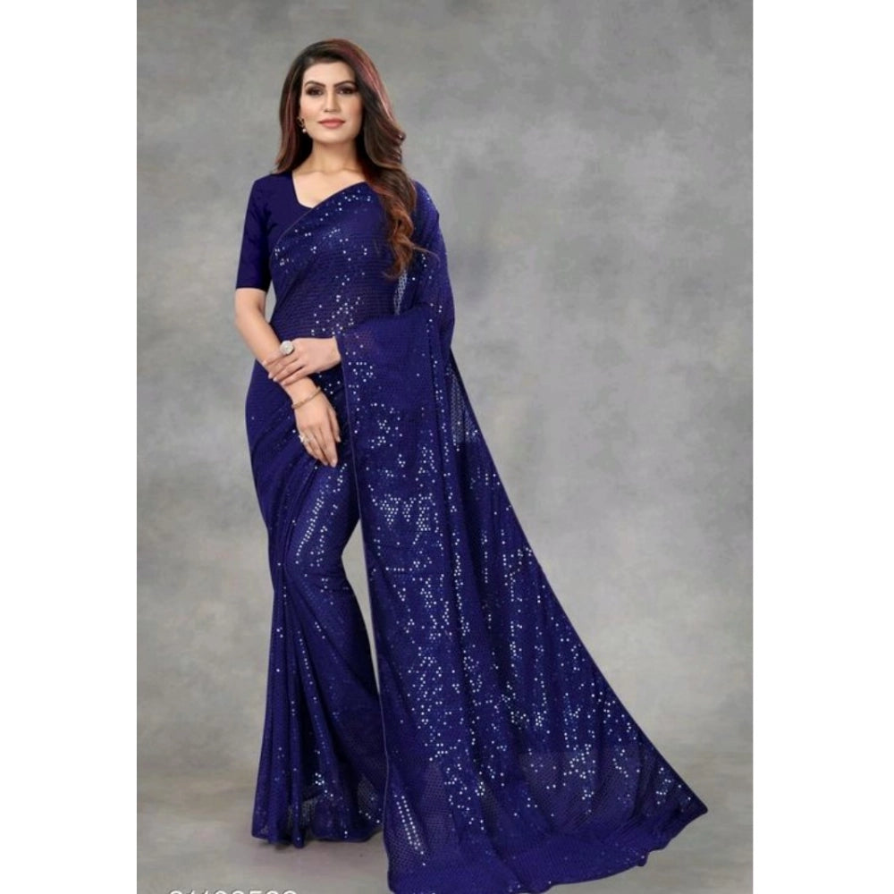 Snuggle Spot Women's Georgette Embellished Sequnece Bollywood Saree With Unstitched Blouse 5.5Mtr (Blue)