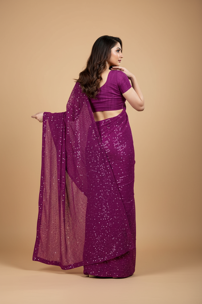 Snuggle Spot Women's Georgette Embellished Sequnece Bollywood Saree With Unstitched Blouse 5.5Mtr (Purple)