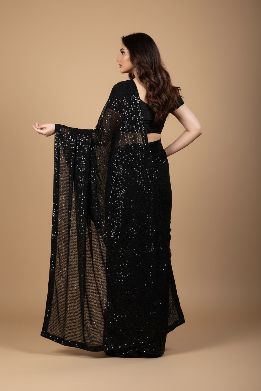 Snuggle Spot Women's Georgette Embellished Sequnece Bollywood Saree With Unstitched Blouse 5.5Mtr (Black)