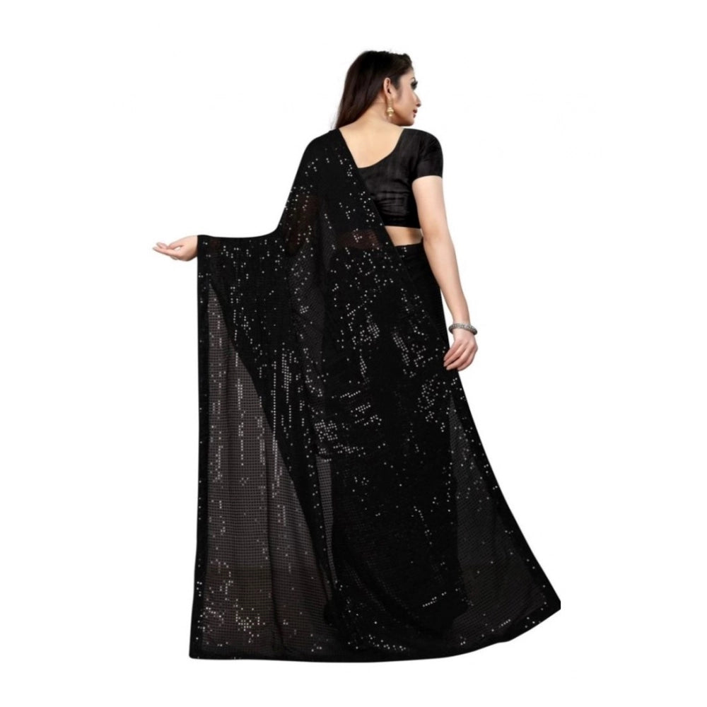 Snuggle Spot Women's Georgette Embellished Sequnece Bollywood Saree With Unstitched Blouse 5.5Mtr (Black)