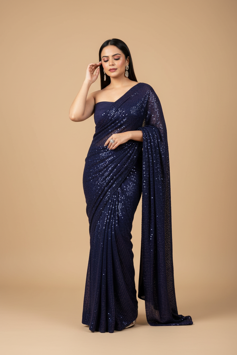 Snuggle Spot Women's Georgette Embellished Sequnece Bollywood Saree With Unstitched Blouse 5.5Mtr (Blue)
