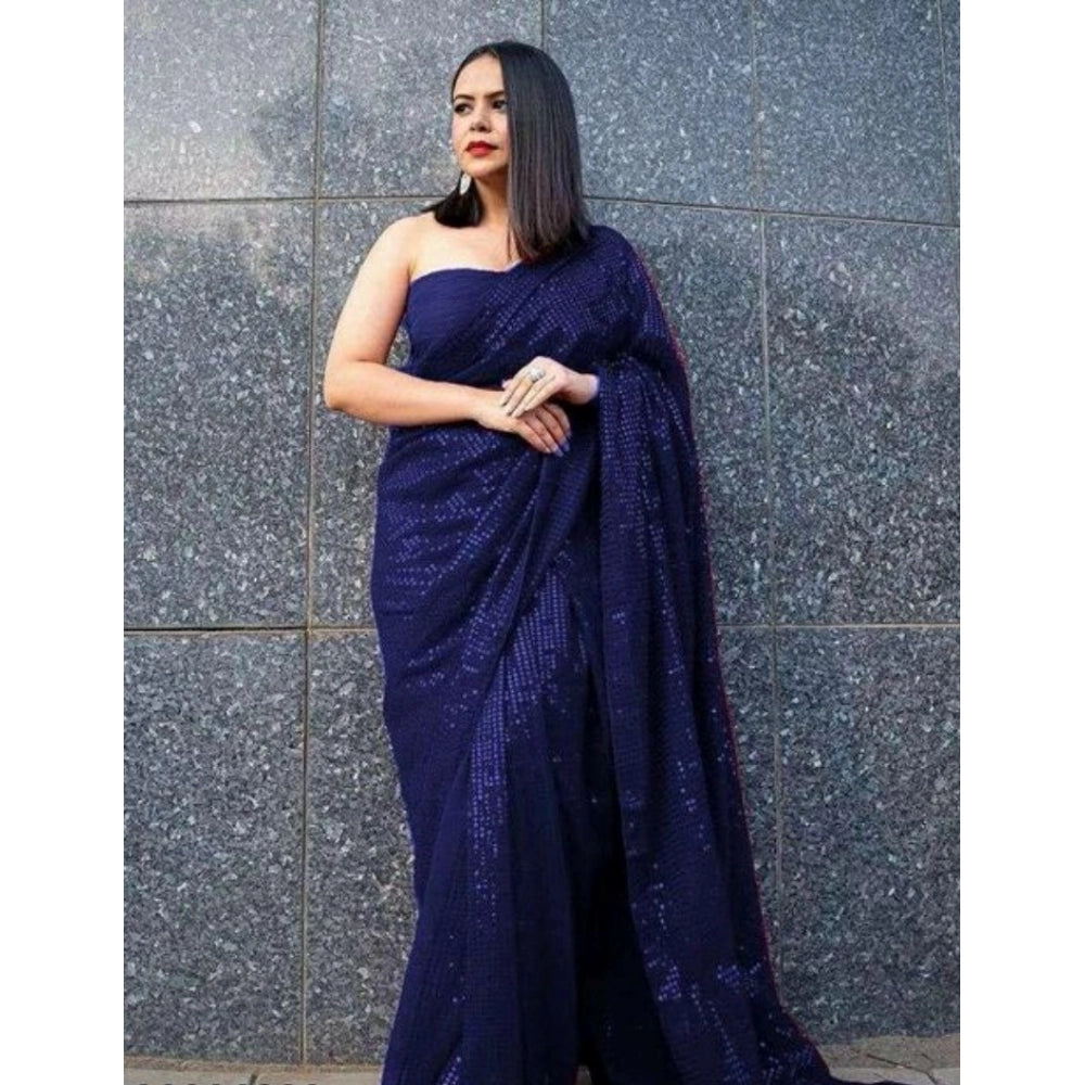 Snuggle Spot Women's Georgette Embellished Sequnece Bollywood Saree With Unstitched Blouse 5.5Mtr (Blue)