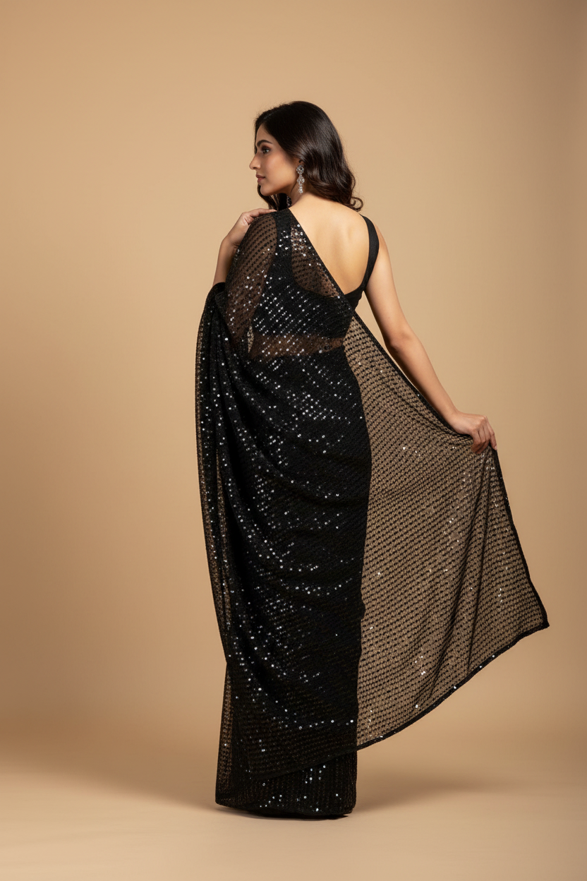 Snuggle Spot Women's Georgette Embellished Sequnece Bollywood Saree With Unstitched Blouse 5.5Mtr (Black)