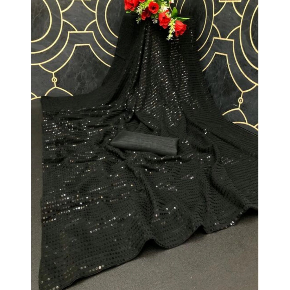 Snuggle Spot Women's Georgette Embellished Sequnece Bollywood Saree With Unstitched Blouse 5.5Mtr (Black)